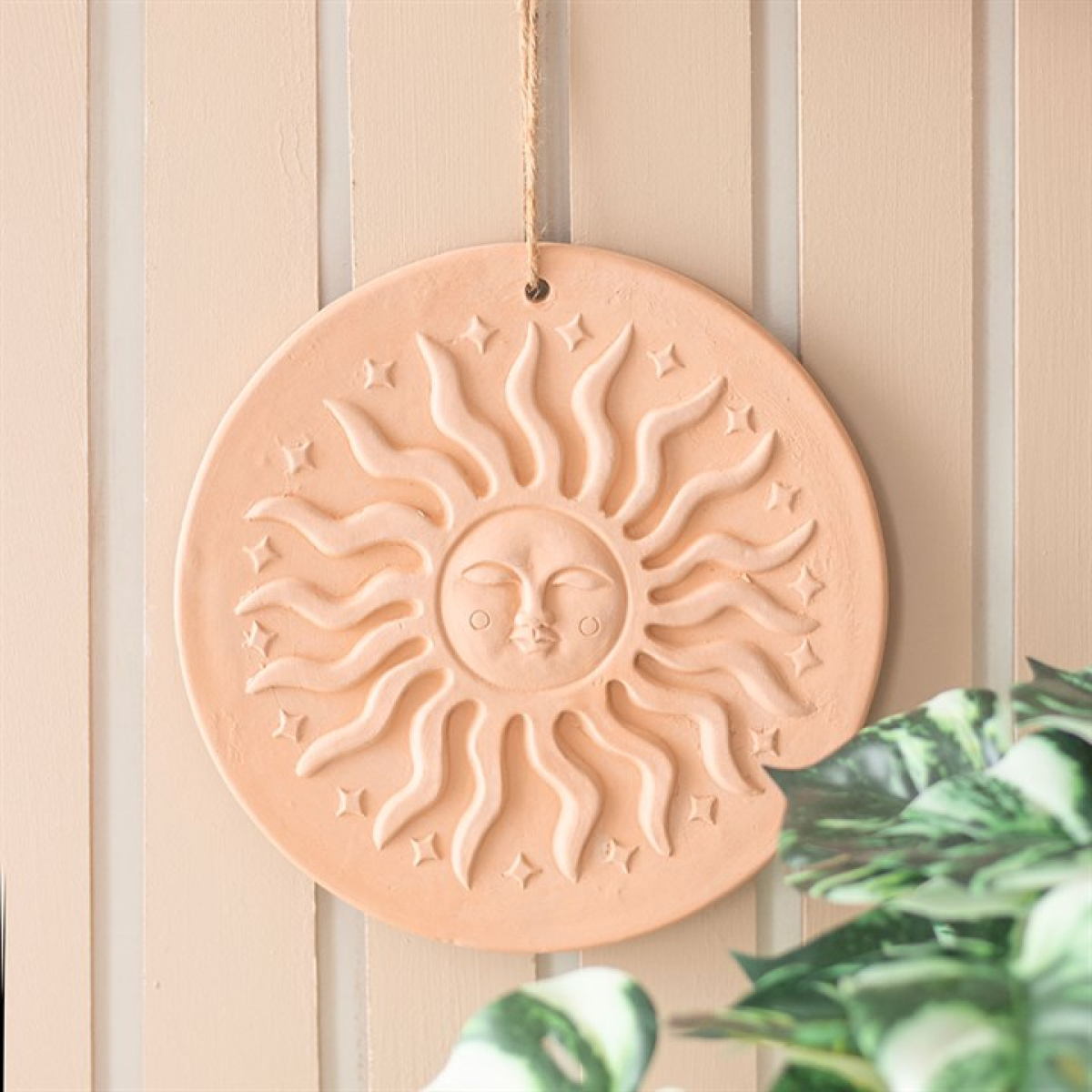 Decorative sun wall hanging on a neutral background with a plant