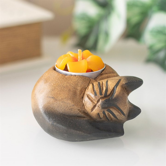 wooden cat shaped tealight candle holder